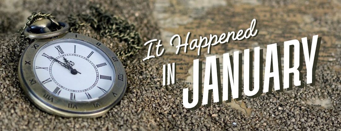 Old clock in sand with the words: It Happend in January
